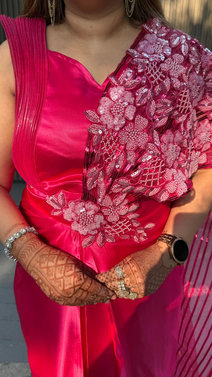 Kiara Hot Pink Satin Drape Saree- Pink