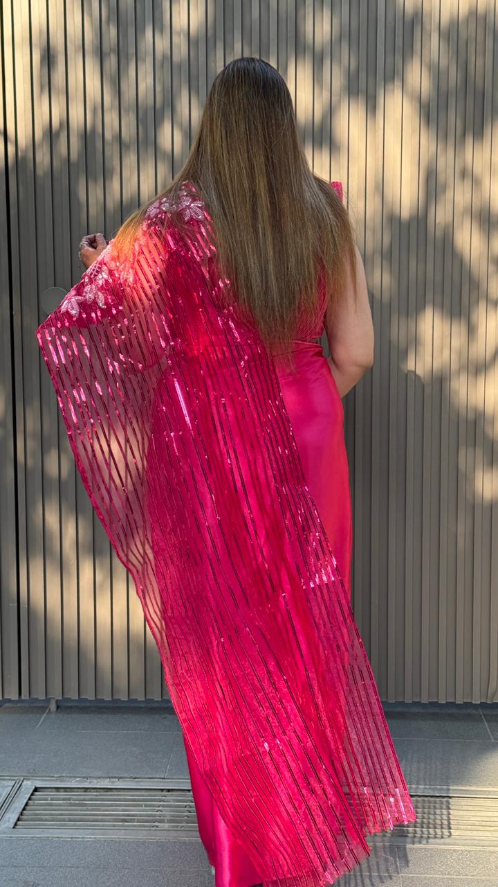 Kiara Hot Pink Satin Drape Saree- Pink