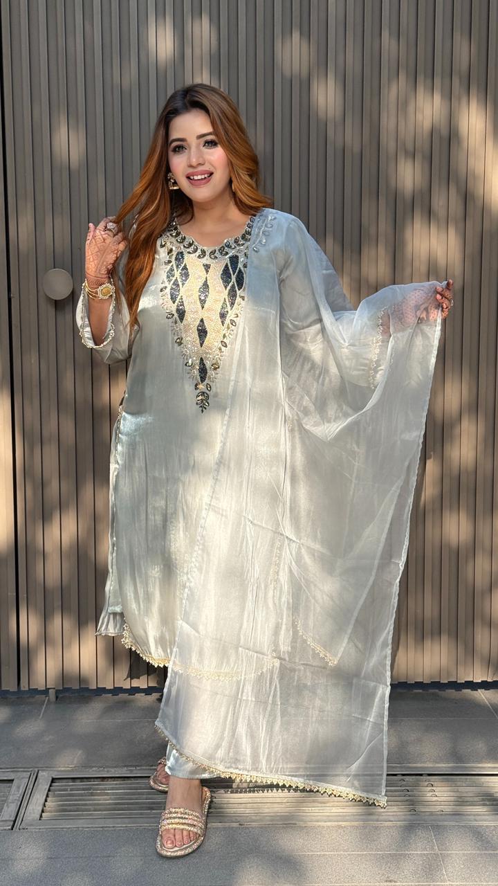 Nayira Suit Set- Gray, Maroon, Lavender