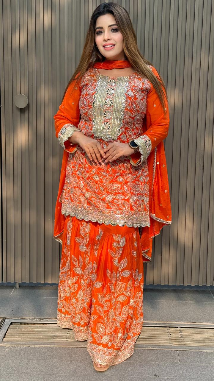 Reyvya Sharara Suit- Orange, Yellow