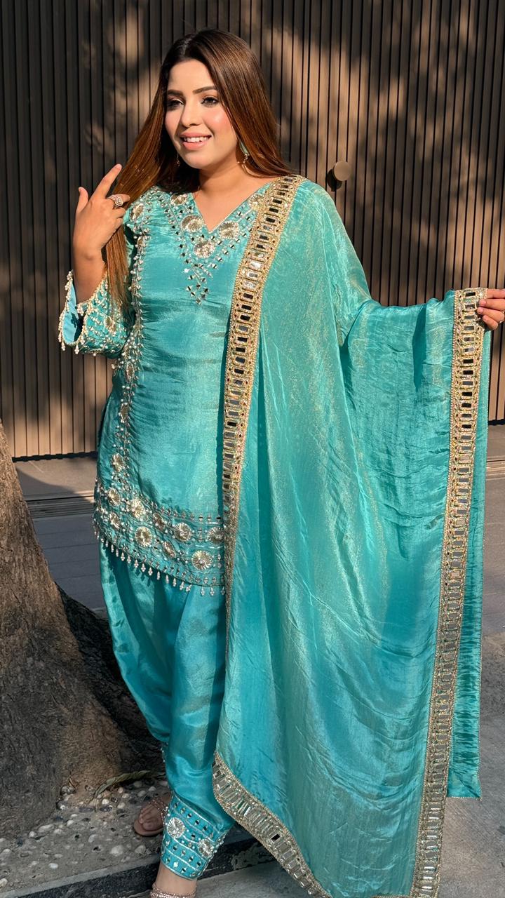 Zarinah Salwar Suit Set- Blue, Beige