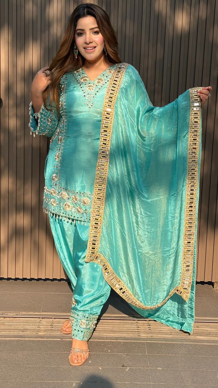 Zarinah Salwar Suit Set- Blue, Beige