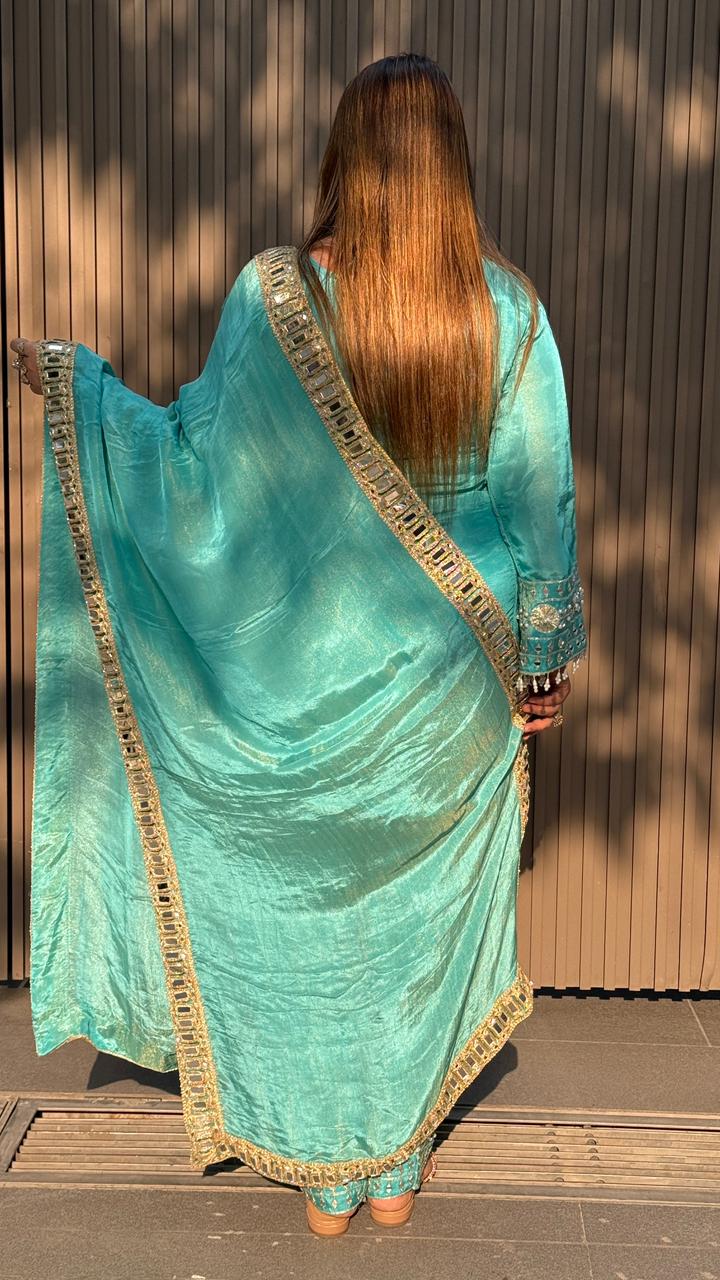 Zarinah Salwar Suit Set- Blue, Beige