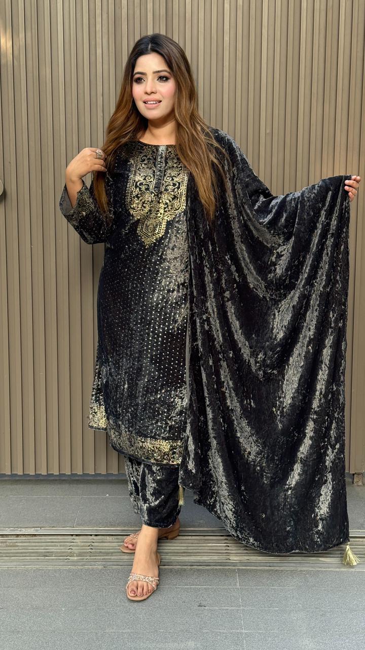 Ruvina Velvet Suit Set- Grey