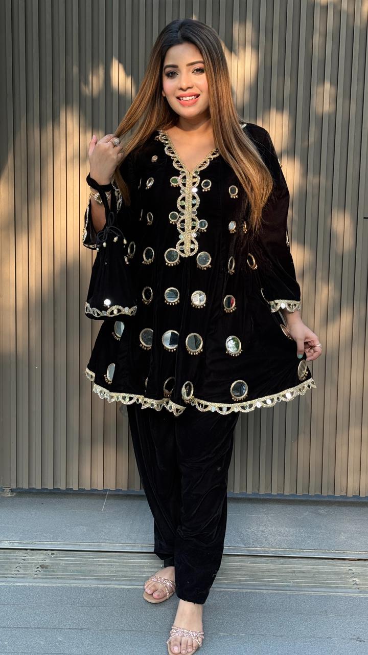 Alezia Velvet Peplum Set- Black, Purple