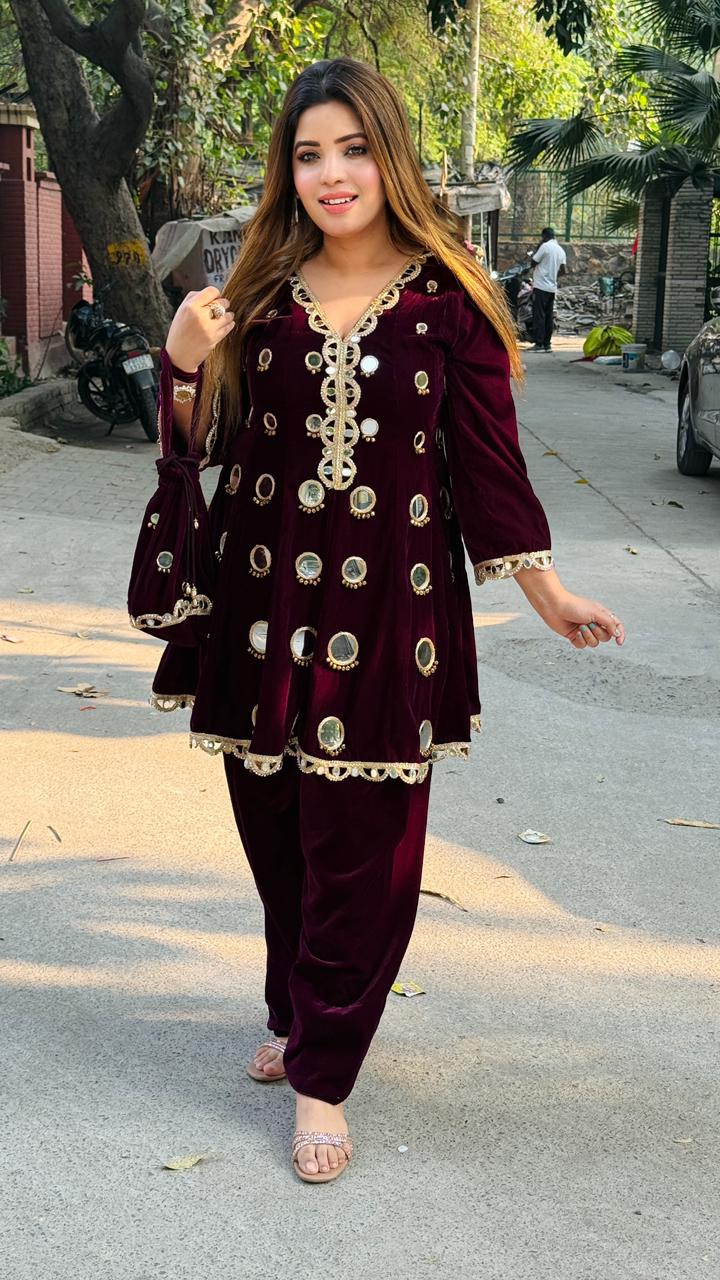 Alezia Velvet Peplum Set- Black, Purple