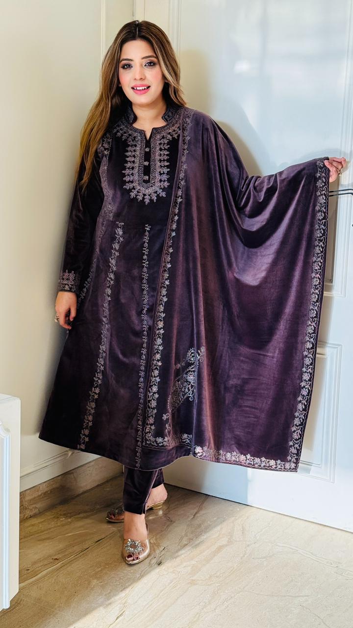 Mehnaz Anarkali Suit Set -Blue, Purple, Brown