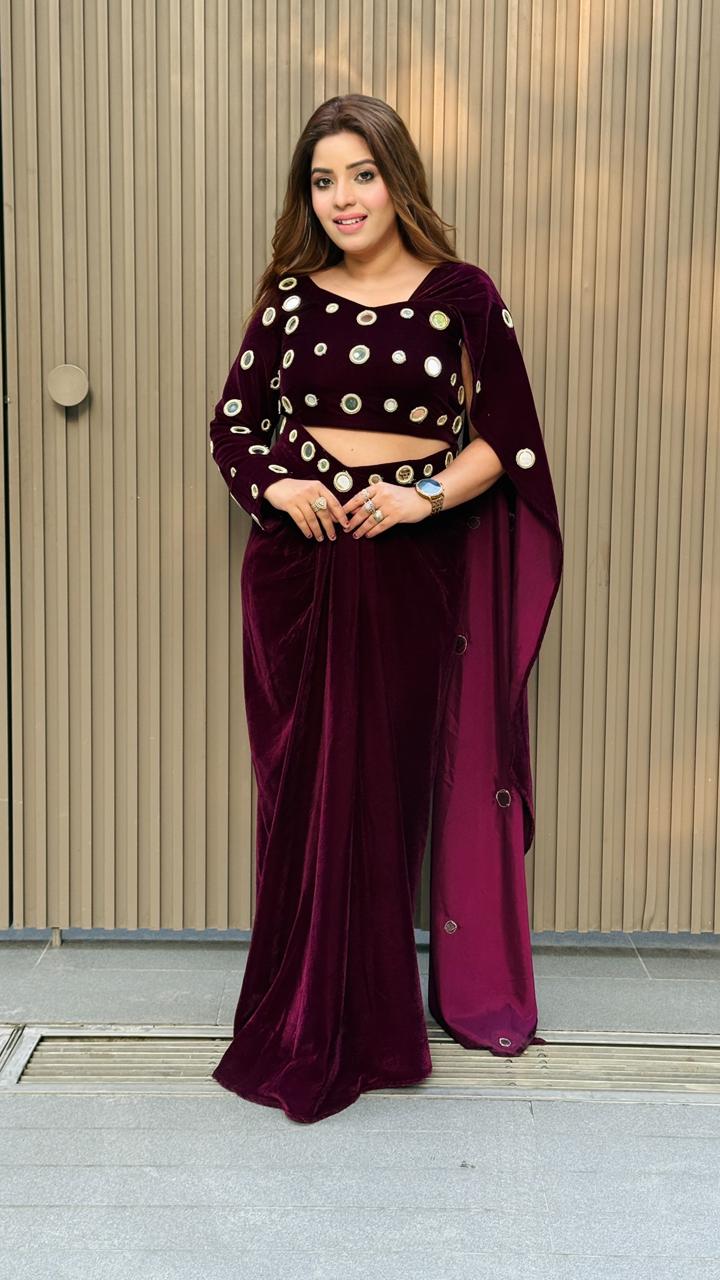 Mareena Velvet Drape Saree- Purple