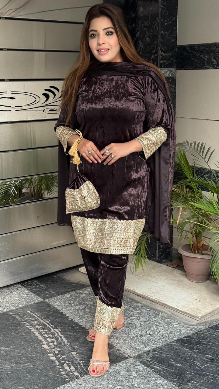 Arshika Velvet Suit Set- Gray, Lavender