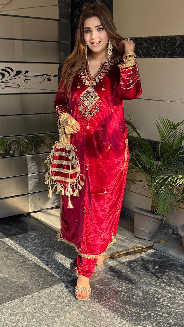 Mirzara Velvet Kaftan Kurta- Maroon, Purple