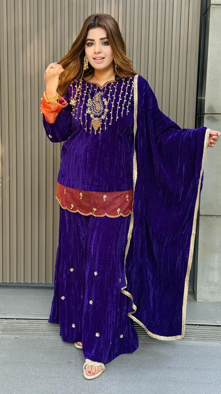 Gulnaz Velvet Suit Set- Purple, Navy Blue