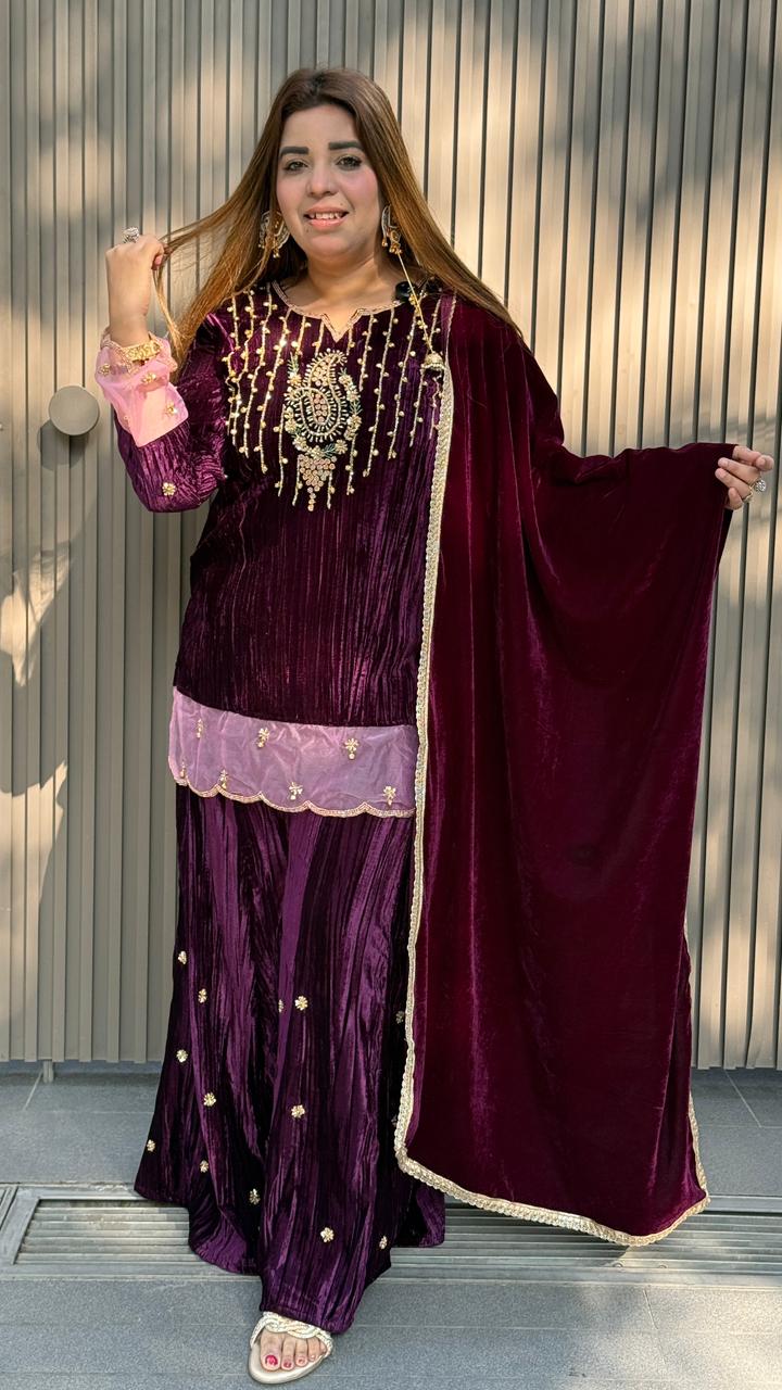 Gulnaz Velvet Suit Set- Purple, Navy Blue