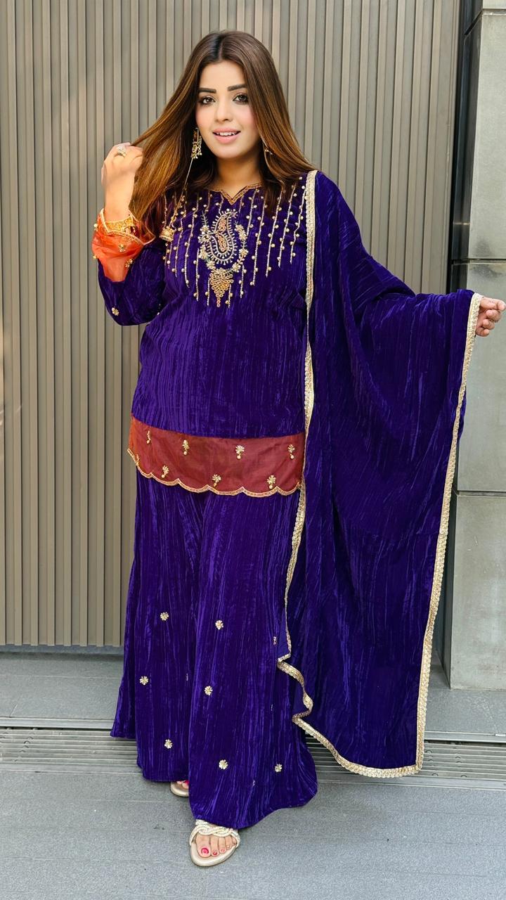 Gulnaz Velvet Suit Set- Purple, Navy Blue
