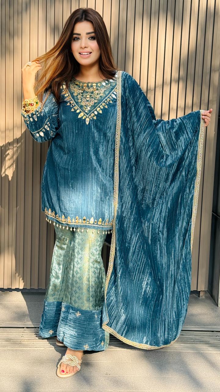 Mahjabeen Bell Plazo Suit- Blue, Orange