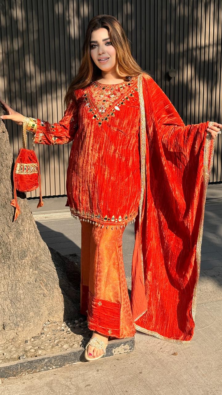 Mahjabeen Bell Plazo Suit- Blue, Orange