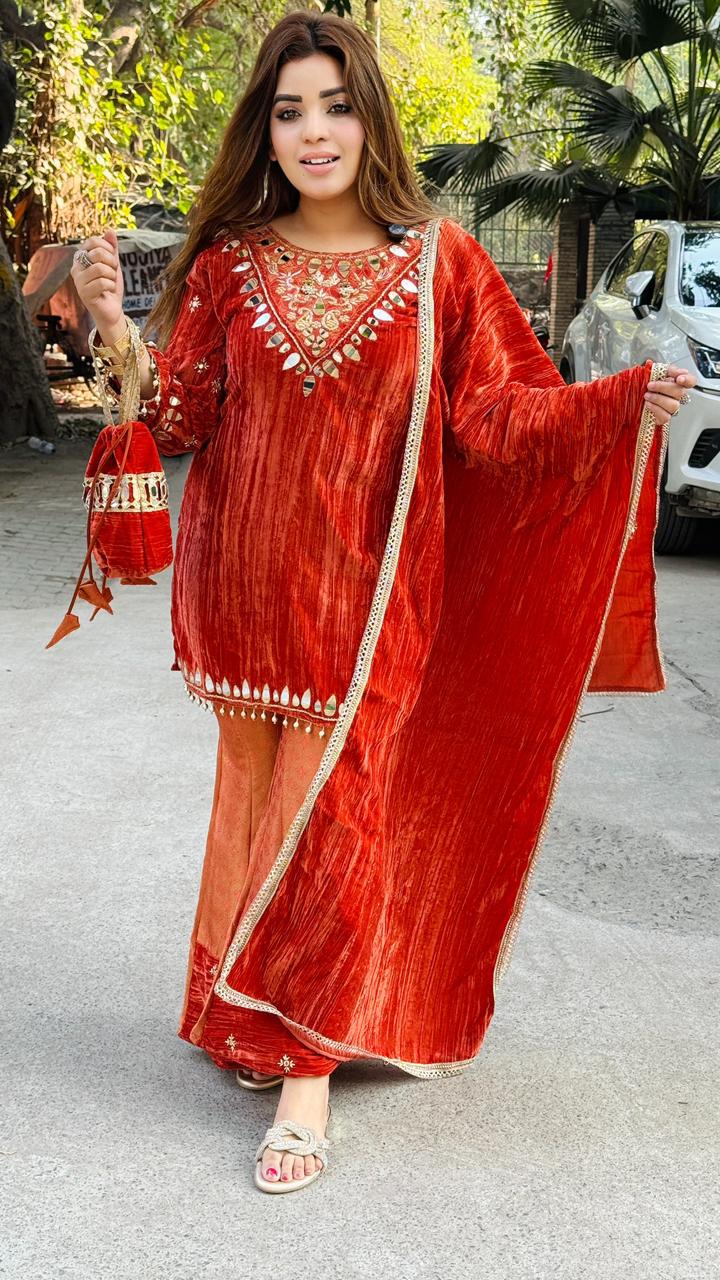 Mahjabeen Bell Plazo Suit- Blue, Orange