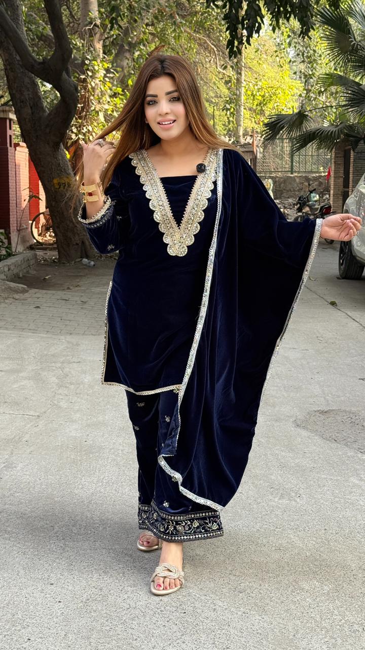 Zareen Velvet Suit Set- Navy, Purple, Black