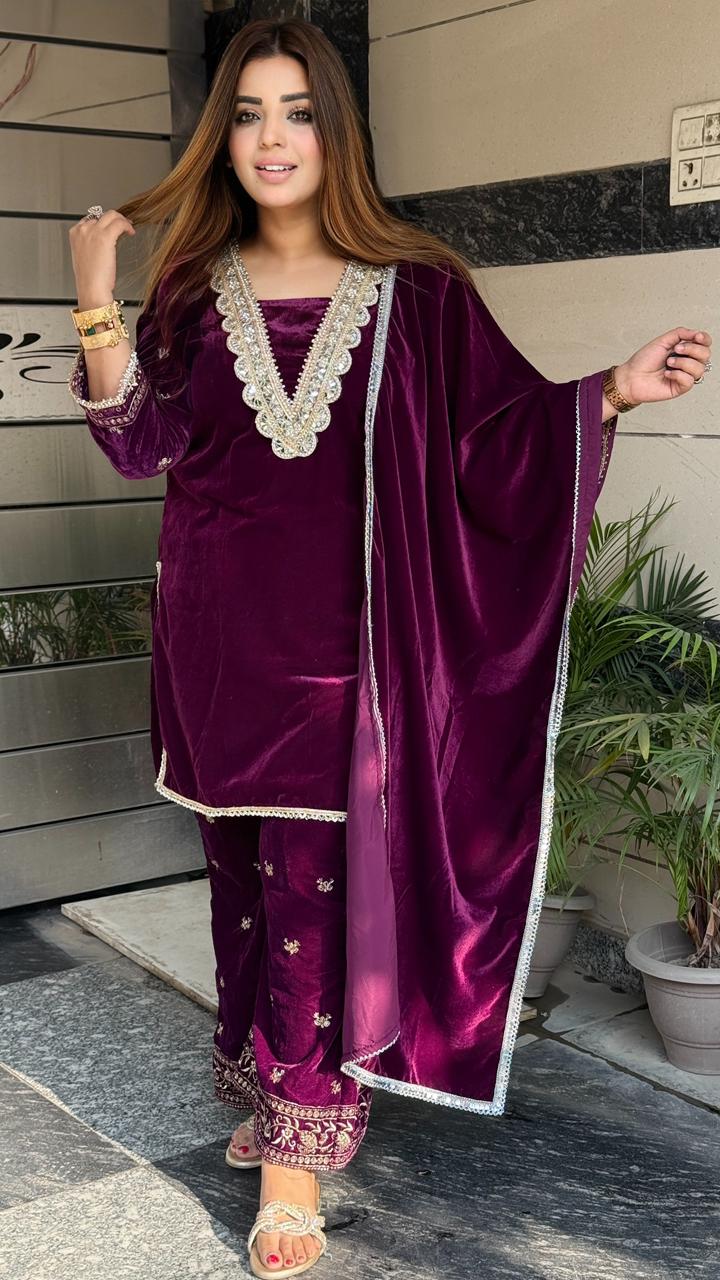 Zareen Velvet Suit Set- Navy, Purple, Black