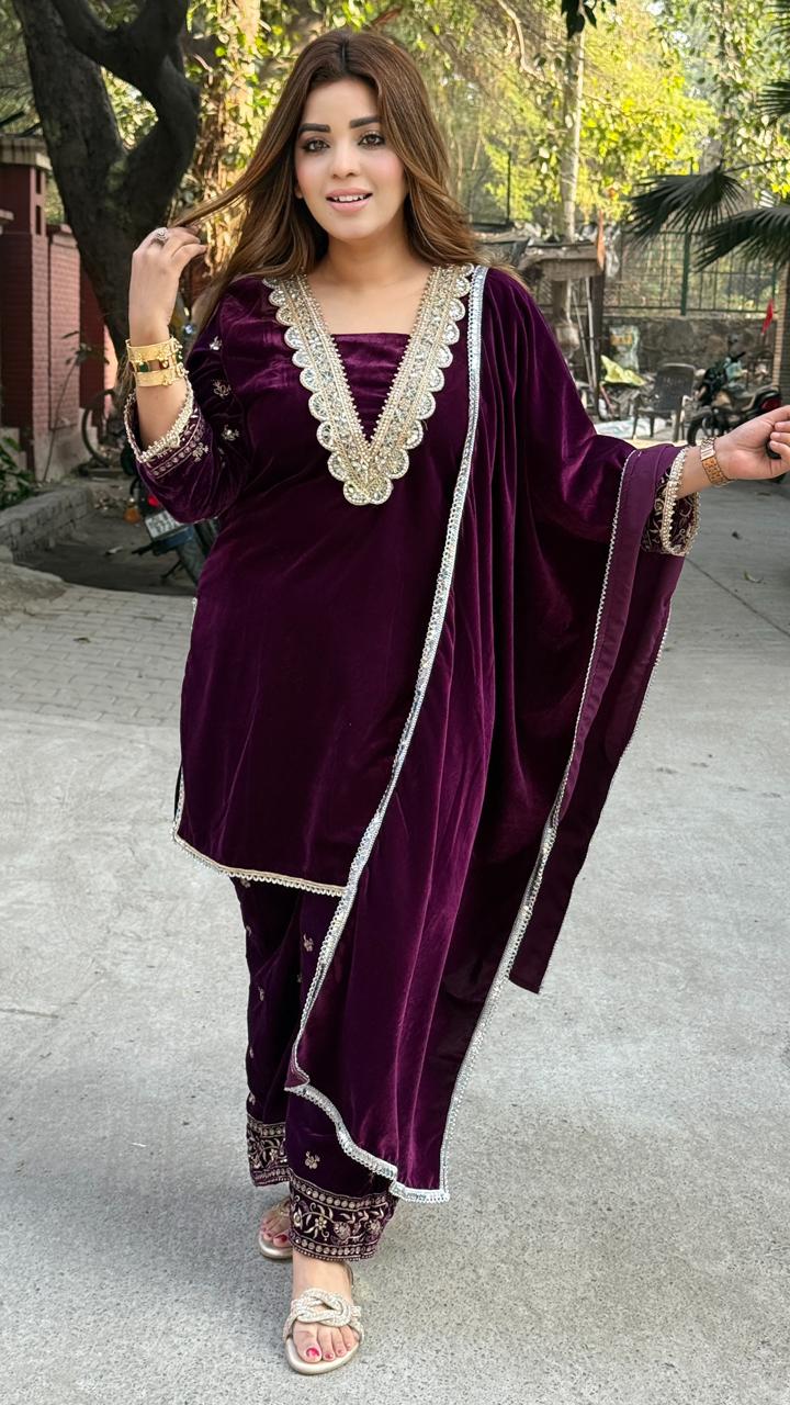 Zareen Velvet Suit Set- Navy, Purple, Black