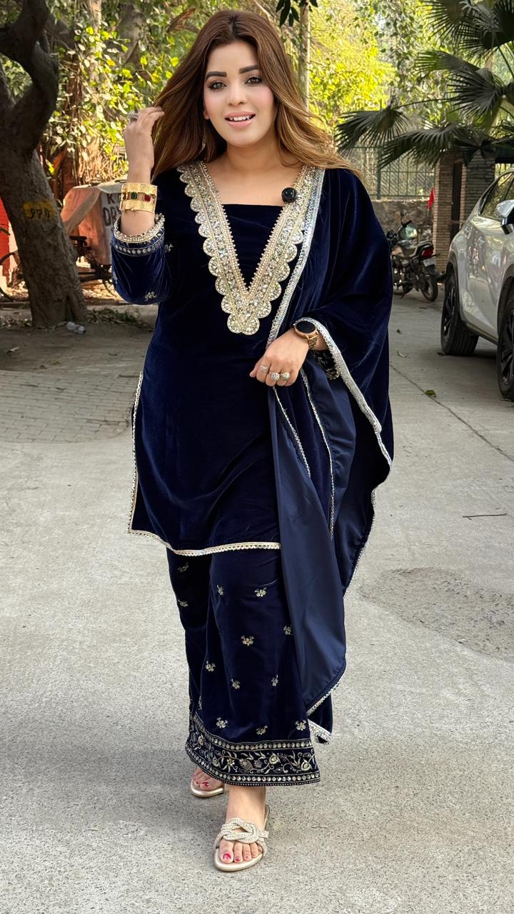 Zareen Velvet Suit Set- Navy, Purple, Black