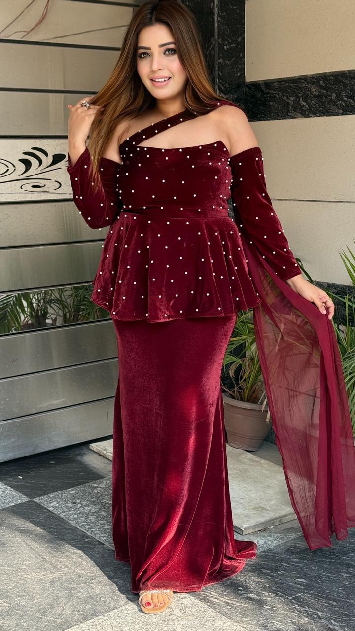 Pearlva Peplum Set- Maroon, Black