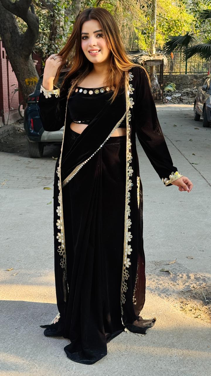 Velmora – Velvet Drape Saree- Black, Purple