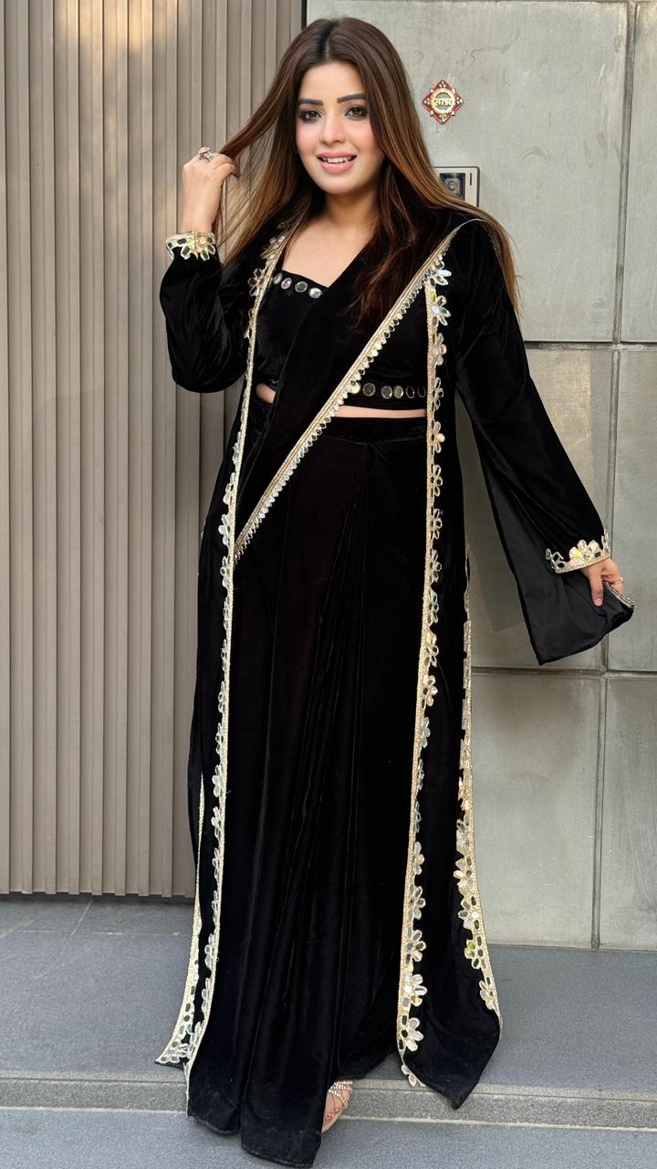 Velmora – Velvet Drape Saree- Black, Purple