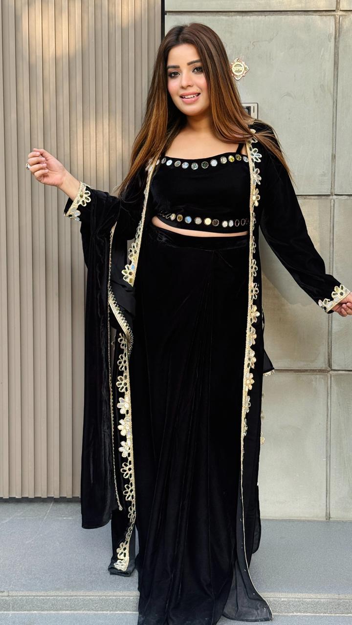 Velmora – Velvet Drape Saree- Black, Purple