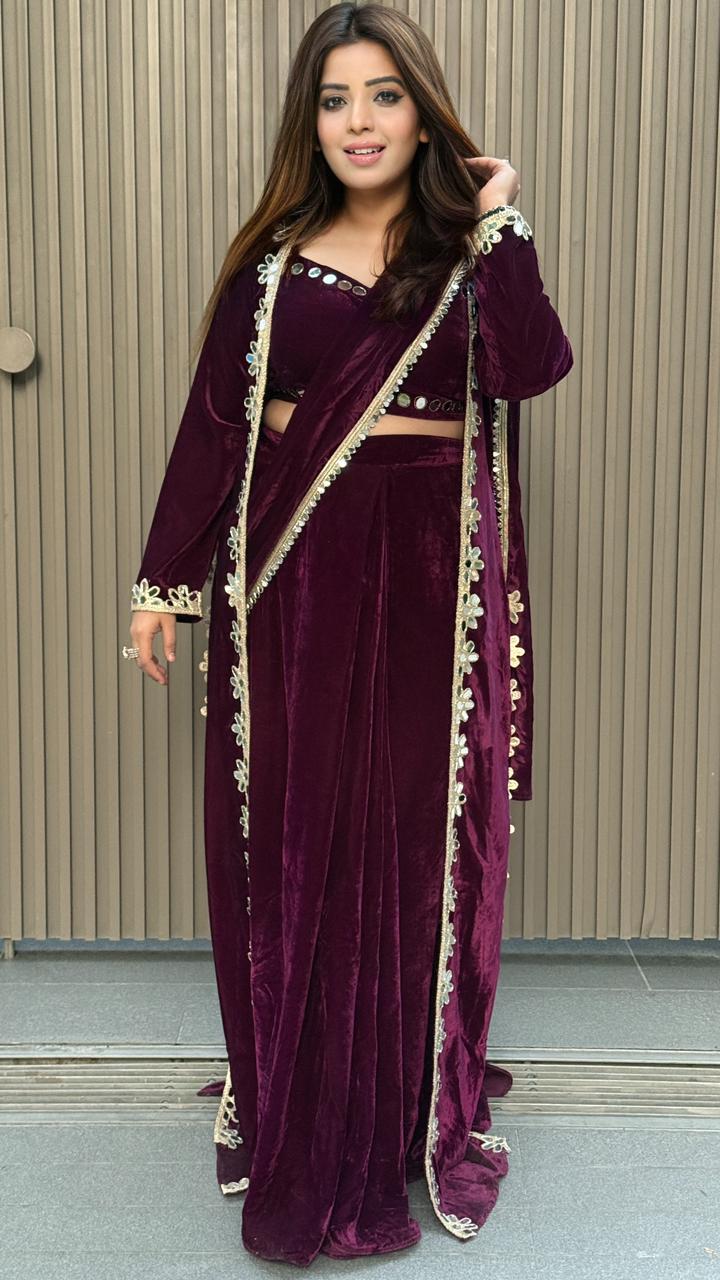 Velmora – Velvet Drape Saree- Black, Purple