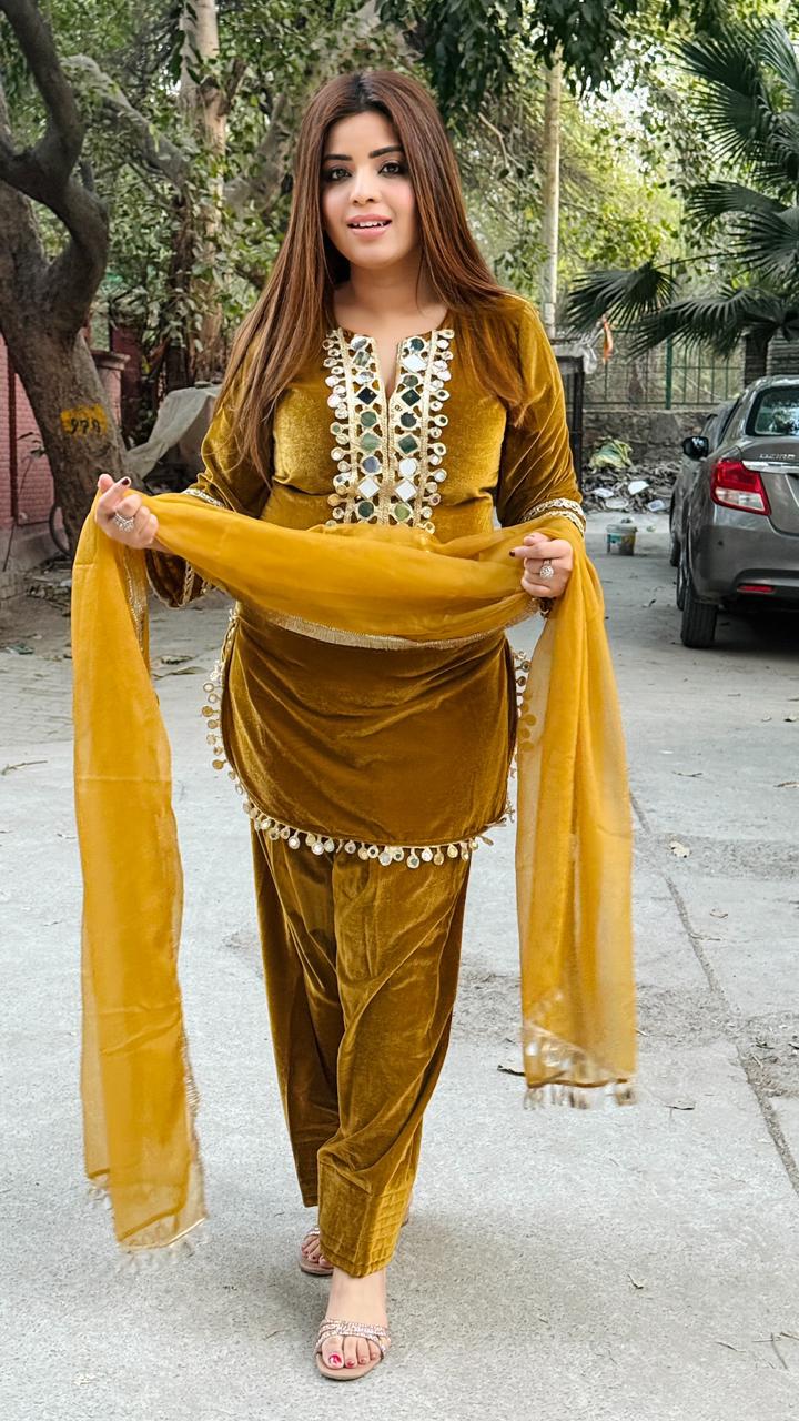 Noorvia Farshi Suit Set- Purple, Pink, Mustard, Black