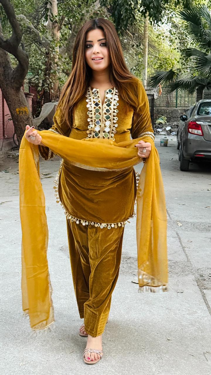 Noorvia Farshi Suit Set- Purple, Pink, Mustard, Black