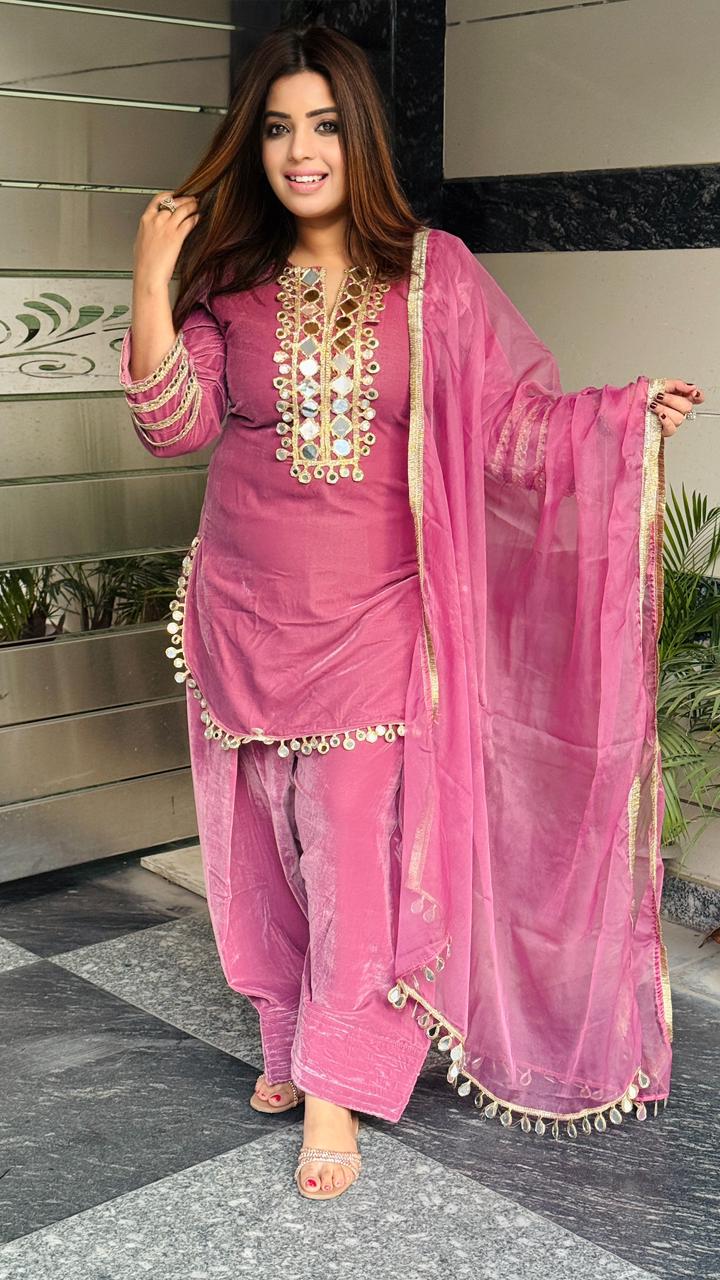 Noorvia Farshi Suit Set- Purple, Pink, Mustard, Black