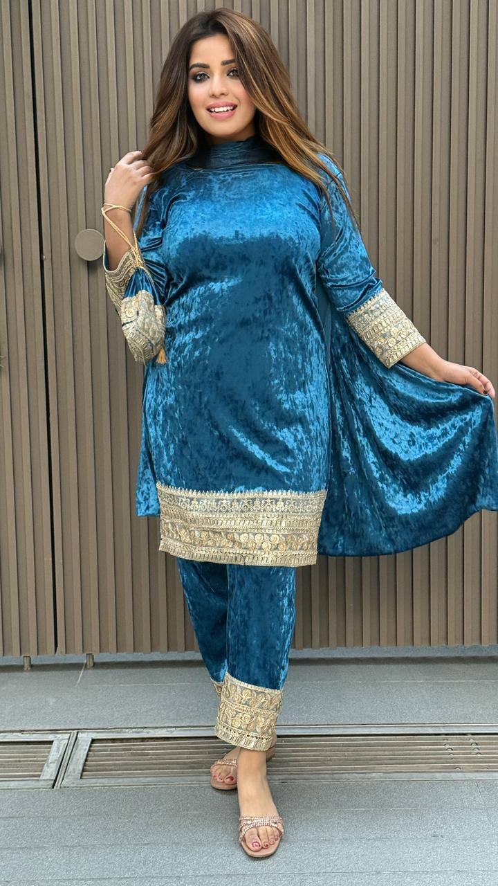 Asena Velvet Suit Set- Blue