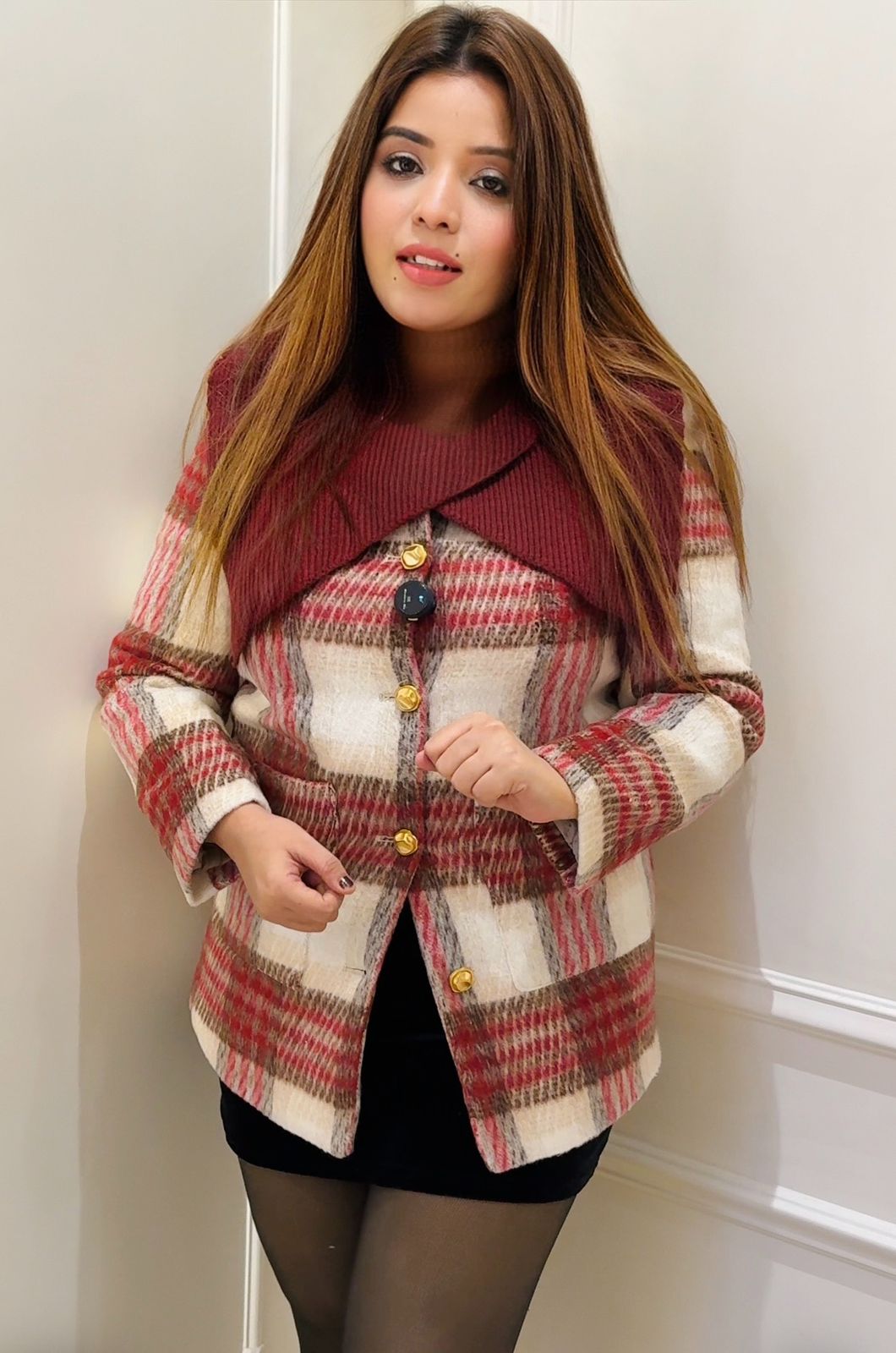 Lorin Woolen Coat- Black, Maroon