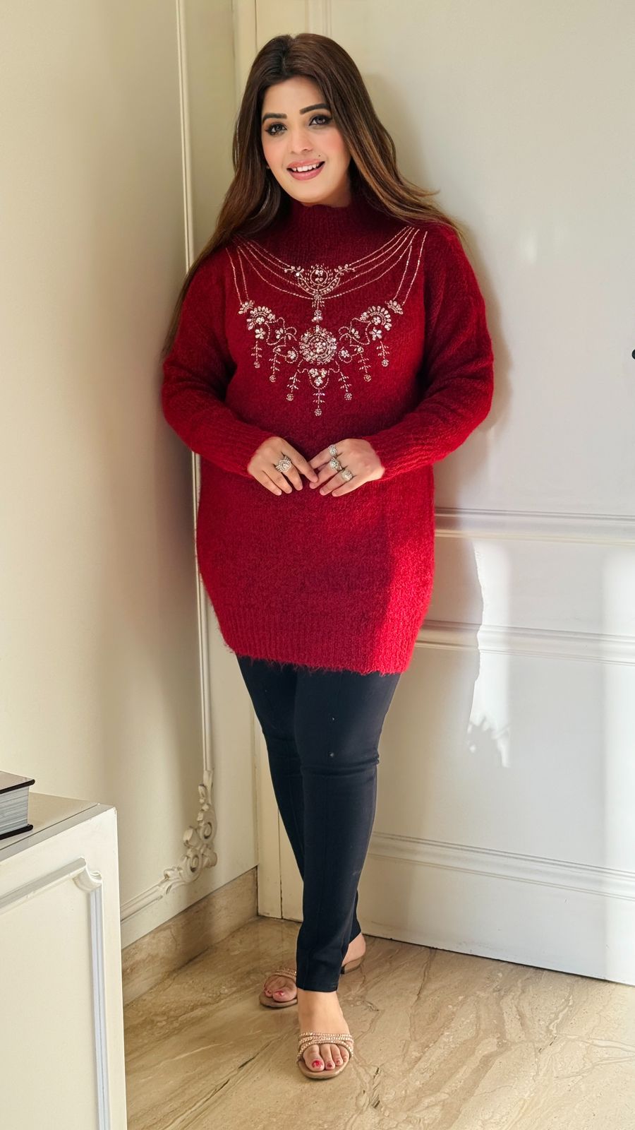 Yelda Tunic Sweater- Grey, Maroon