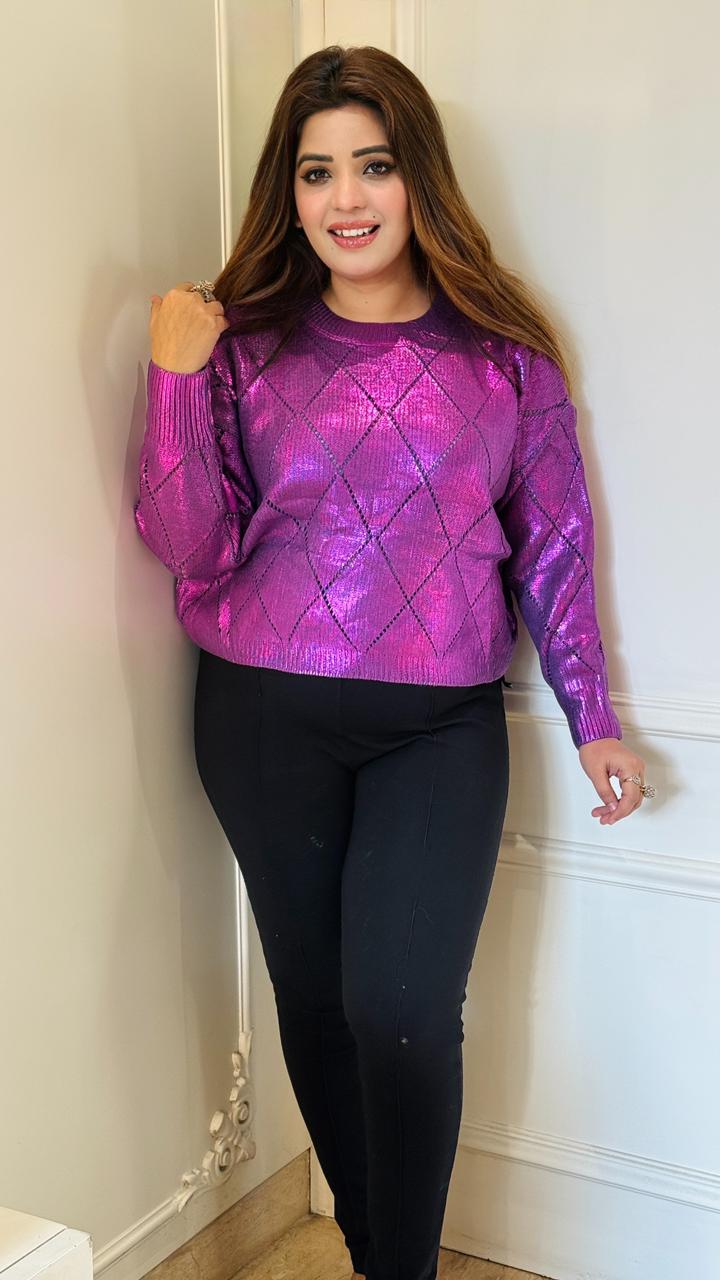 Ayliz Woolen Sweater- Grey, Purple, Gold