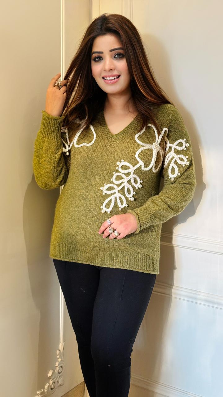 Belgin Woolen Sweater- Green, Grey, White, Pink