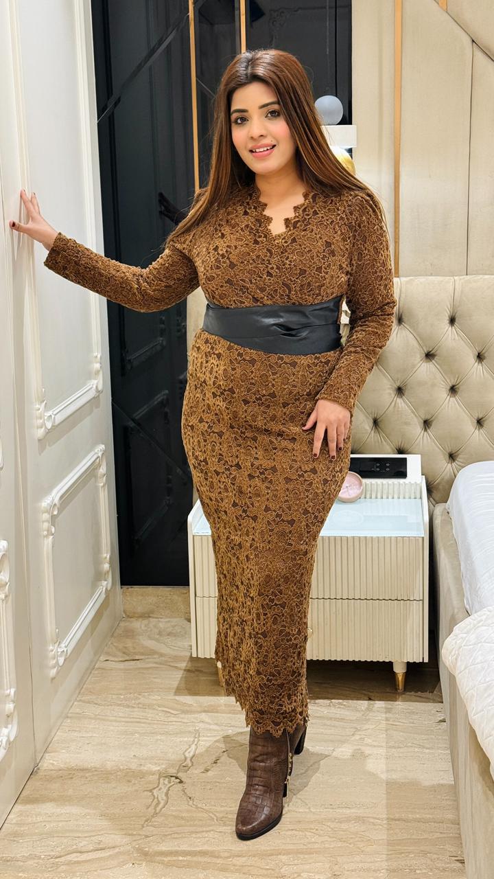 Ruya Net Velvet Dress- Brown, White, Black