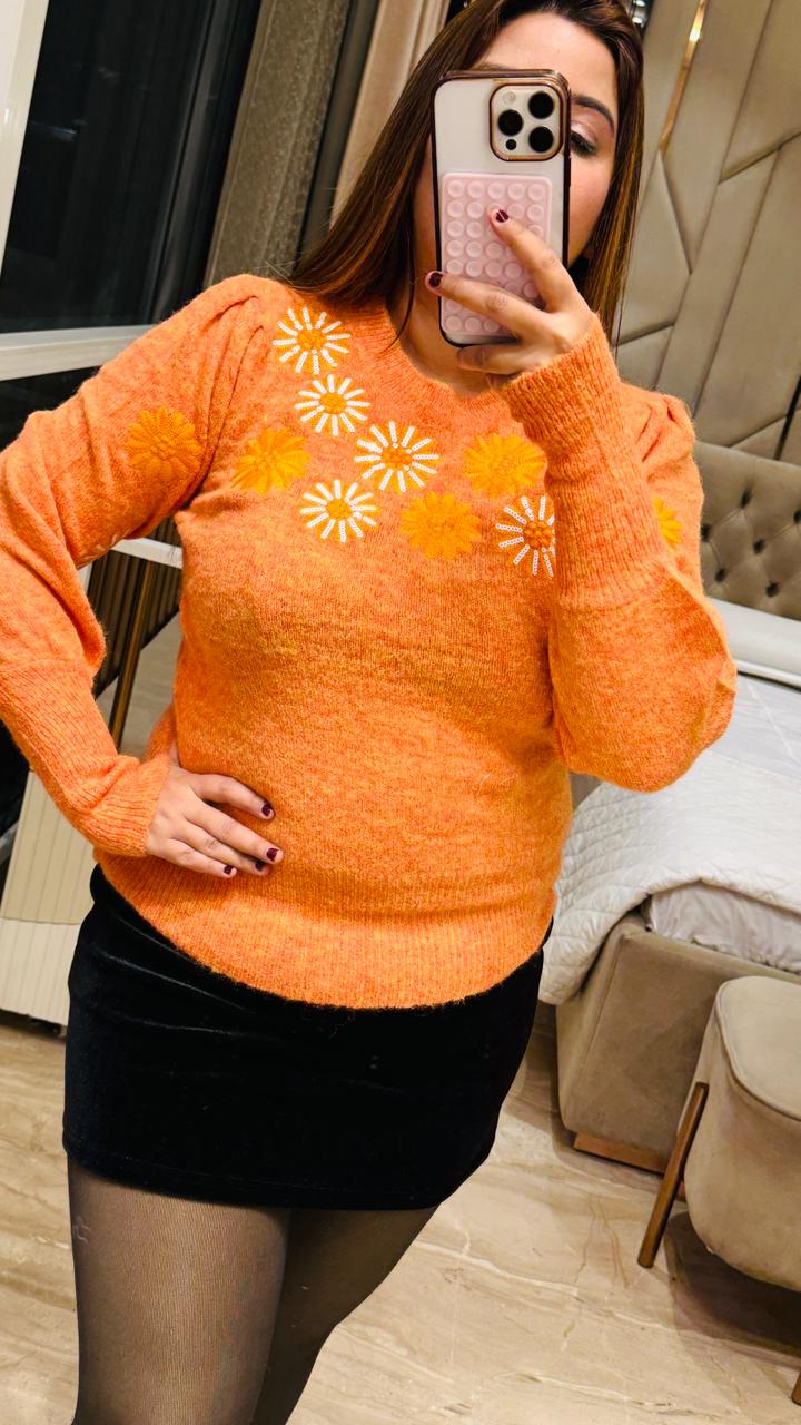 Pelin Woolen Sweater- Orange, Green
