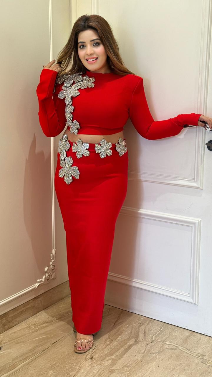 Selenay Crop Top & Skirt Set- Red, Orange, Black