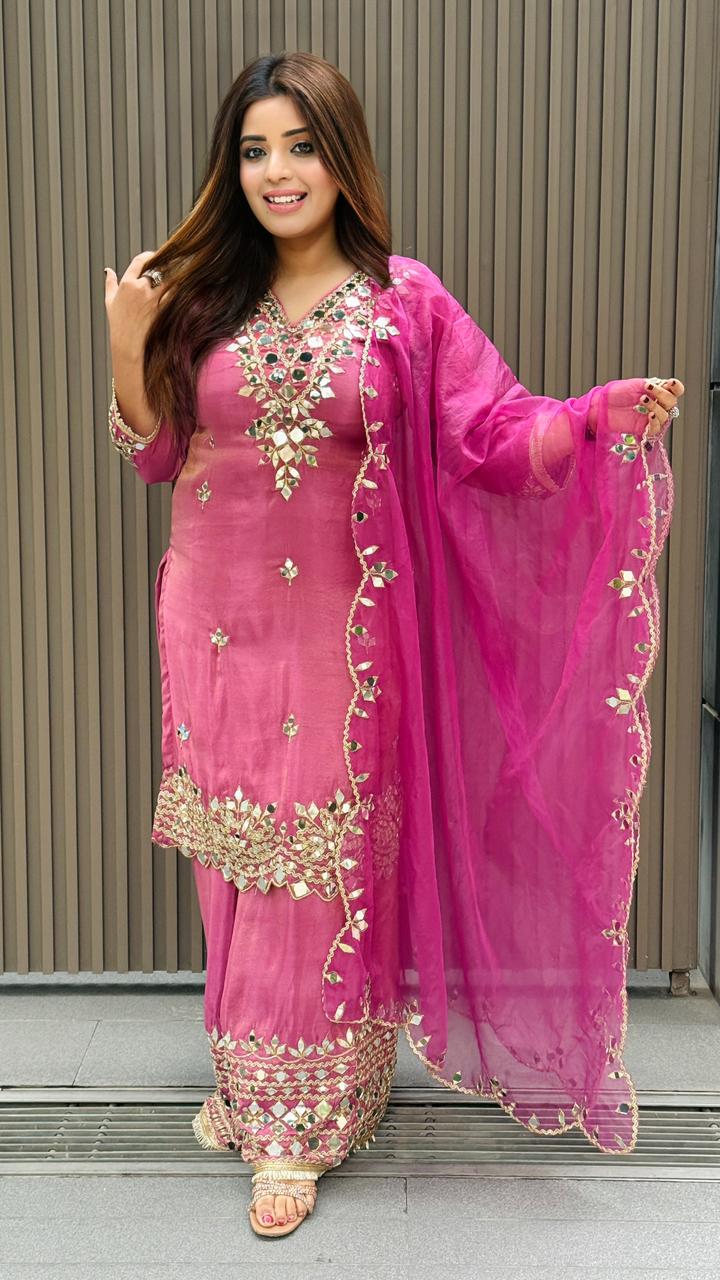 Zehlin Crape Plazo Suit Set- Green, Pink