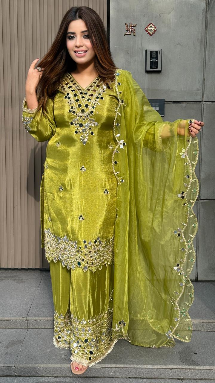 Zehlin Crape Plazo Suit Set- Green, Pink