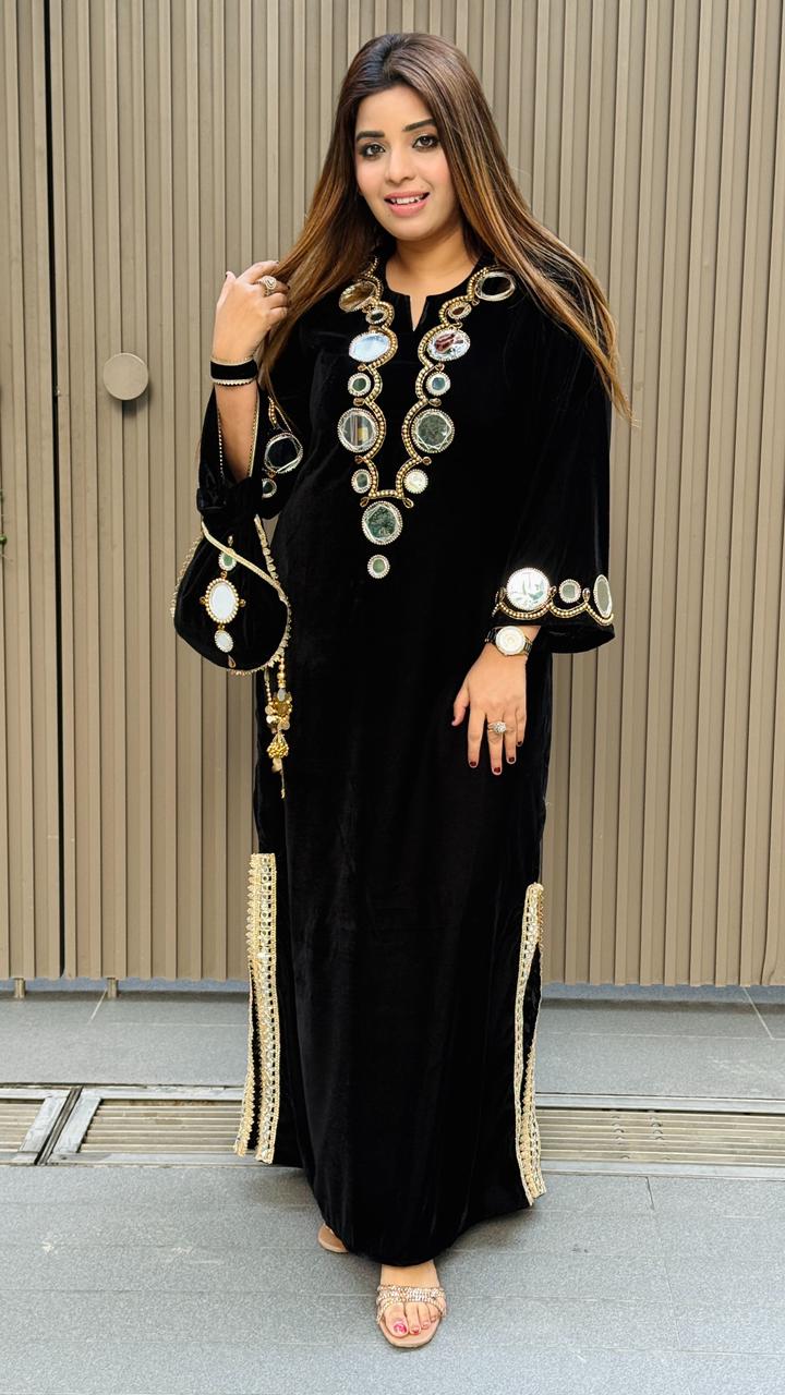 Azelya Velvet Kurta- Purple, Black