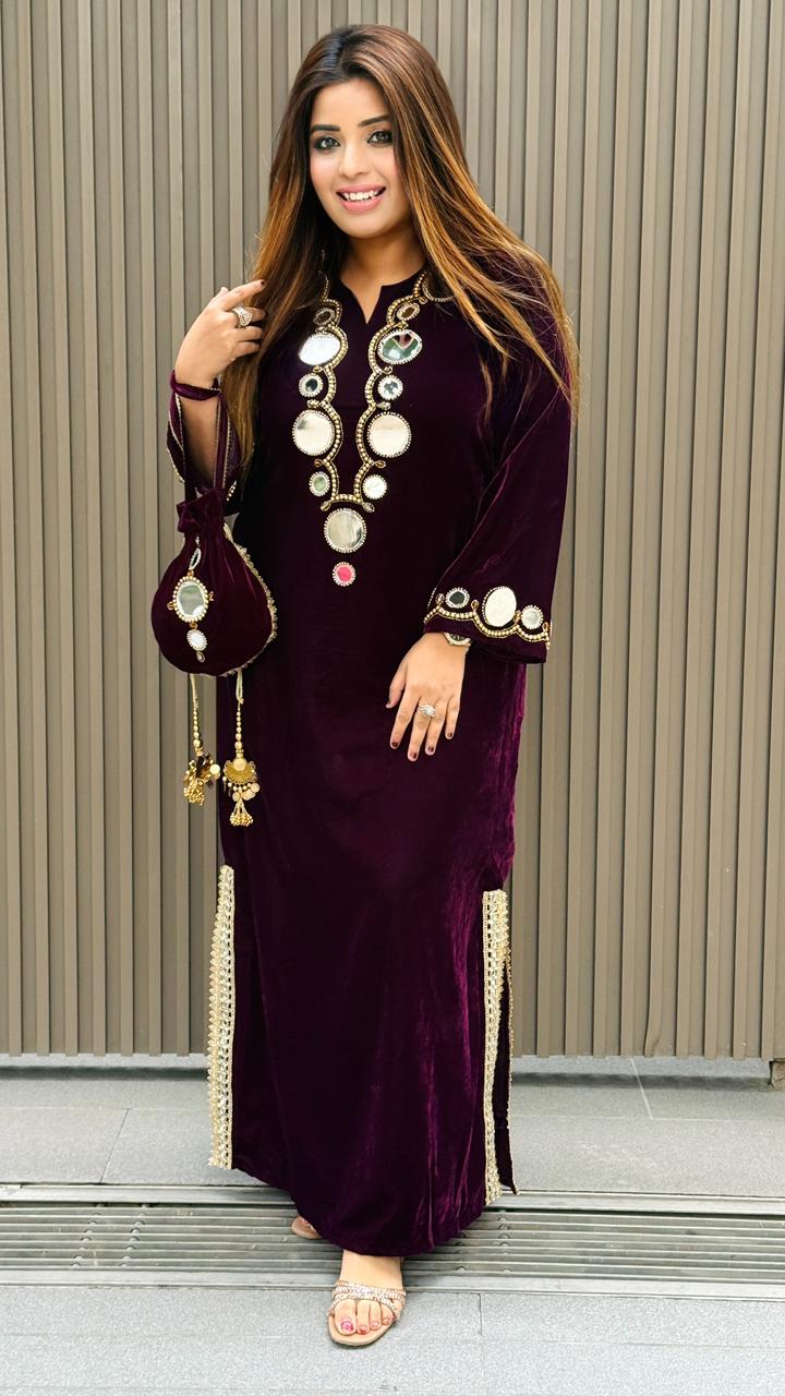 Azelya Velvet Kurta- Purple, Black
