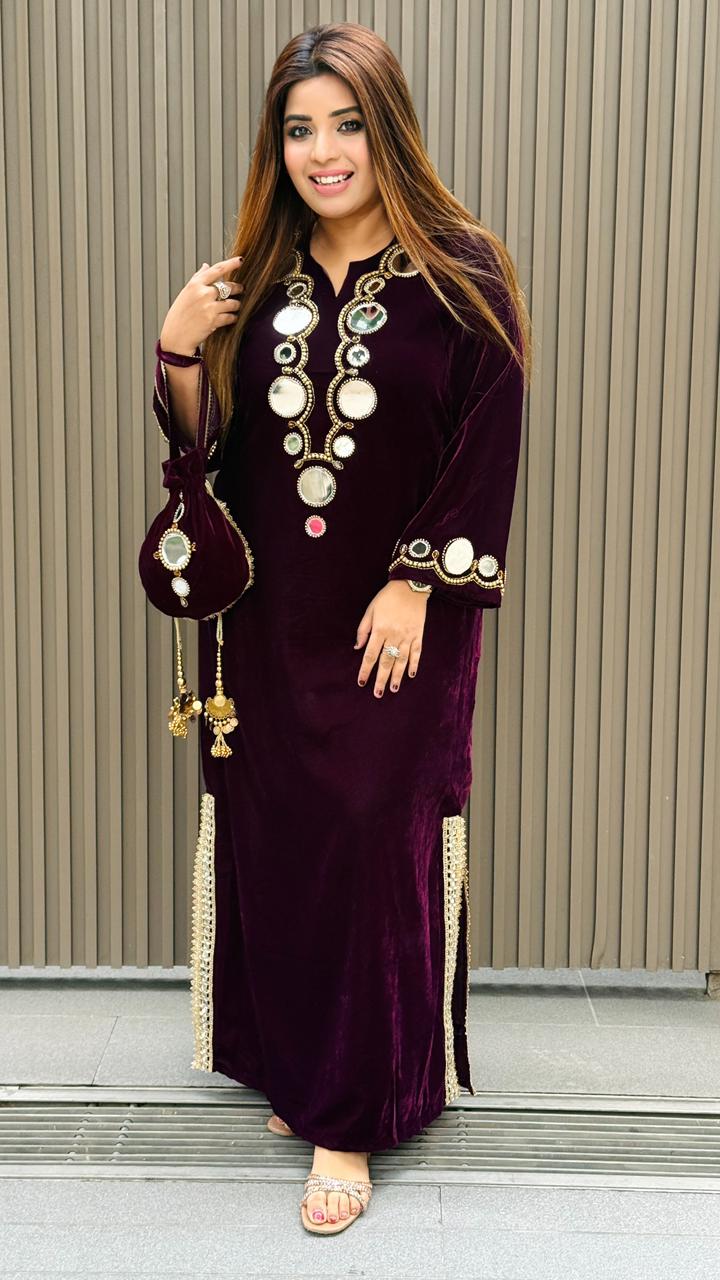 Azelya Velvet Kurta- Purple, Black