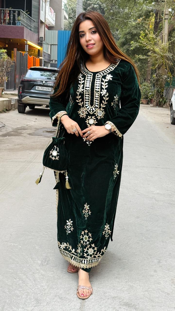 Yaren Velvet Slit Cut Suit- Orange,  Purple, Green