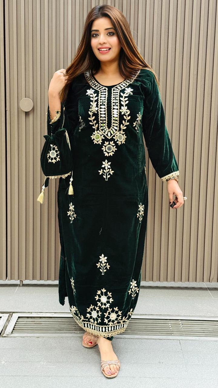 Yaren Velvet Slit Cut Suit- Orange,  Purple, Green