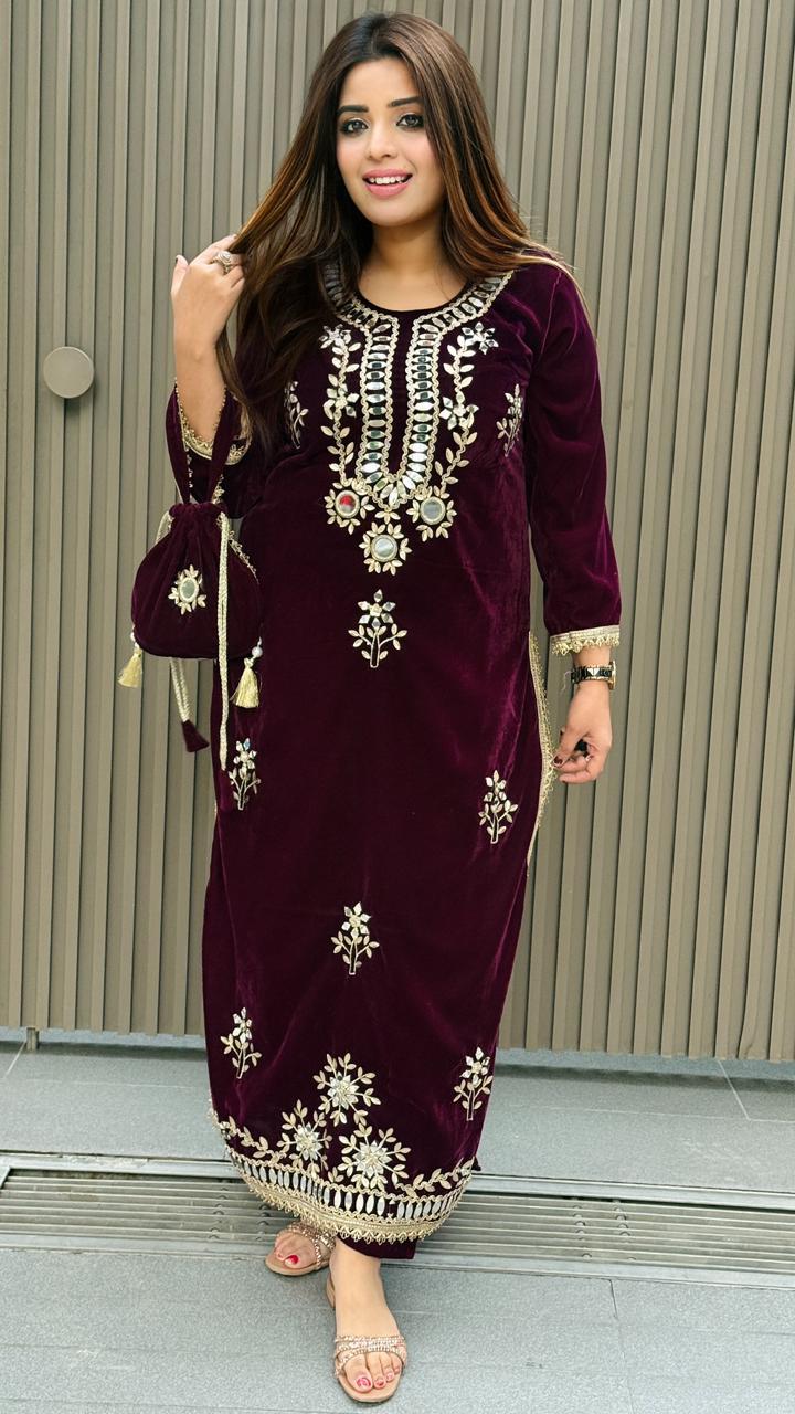 Yaren Velvet Slit Cut Suit- Orange,  Purple, Green