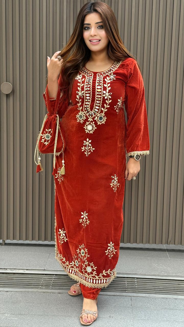 Yaren Velvet Slit Cut Suit- Orange,  Purple, Green