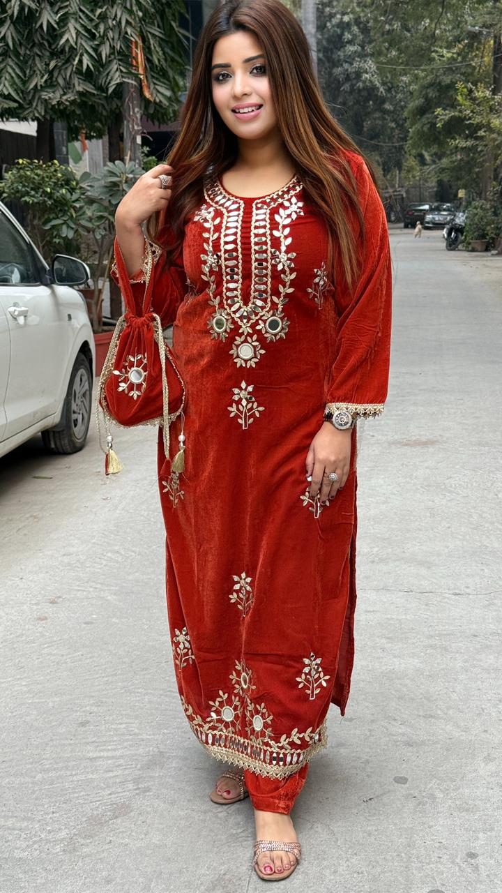 Yaren Velvet Slit Cut Suit- Orange,  Purple, Green